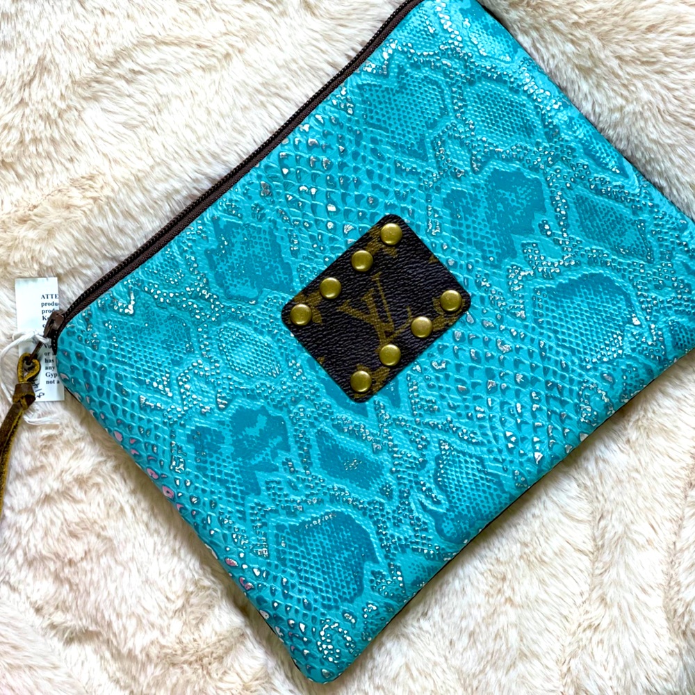 Turquoise Snake LV Patch Wristlet